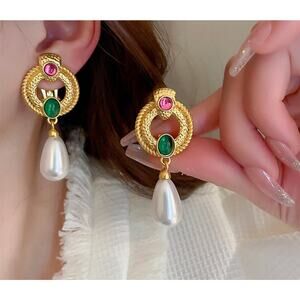 Clip on 2 1/4" gold, pink and green stone dangle white pearl earrings